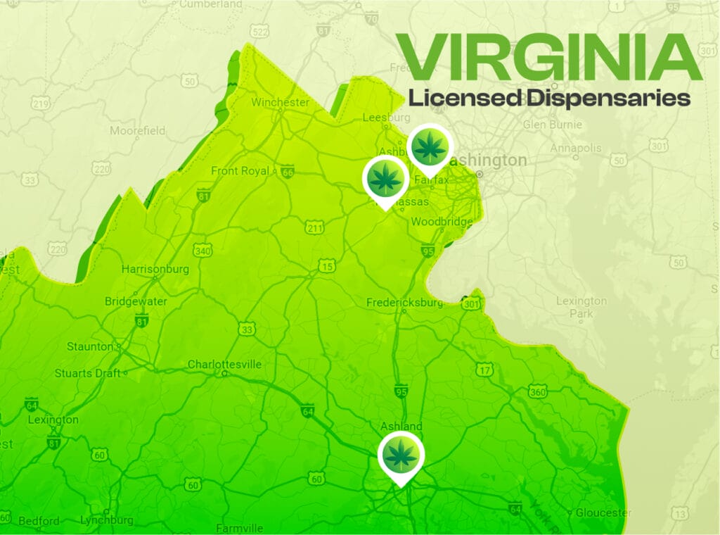 Map of legal dispensaries in Virginia where marijuana edibles can be purchased.